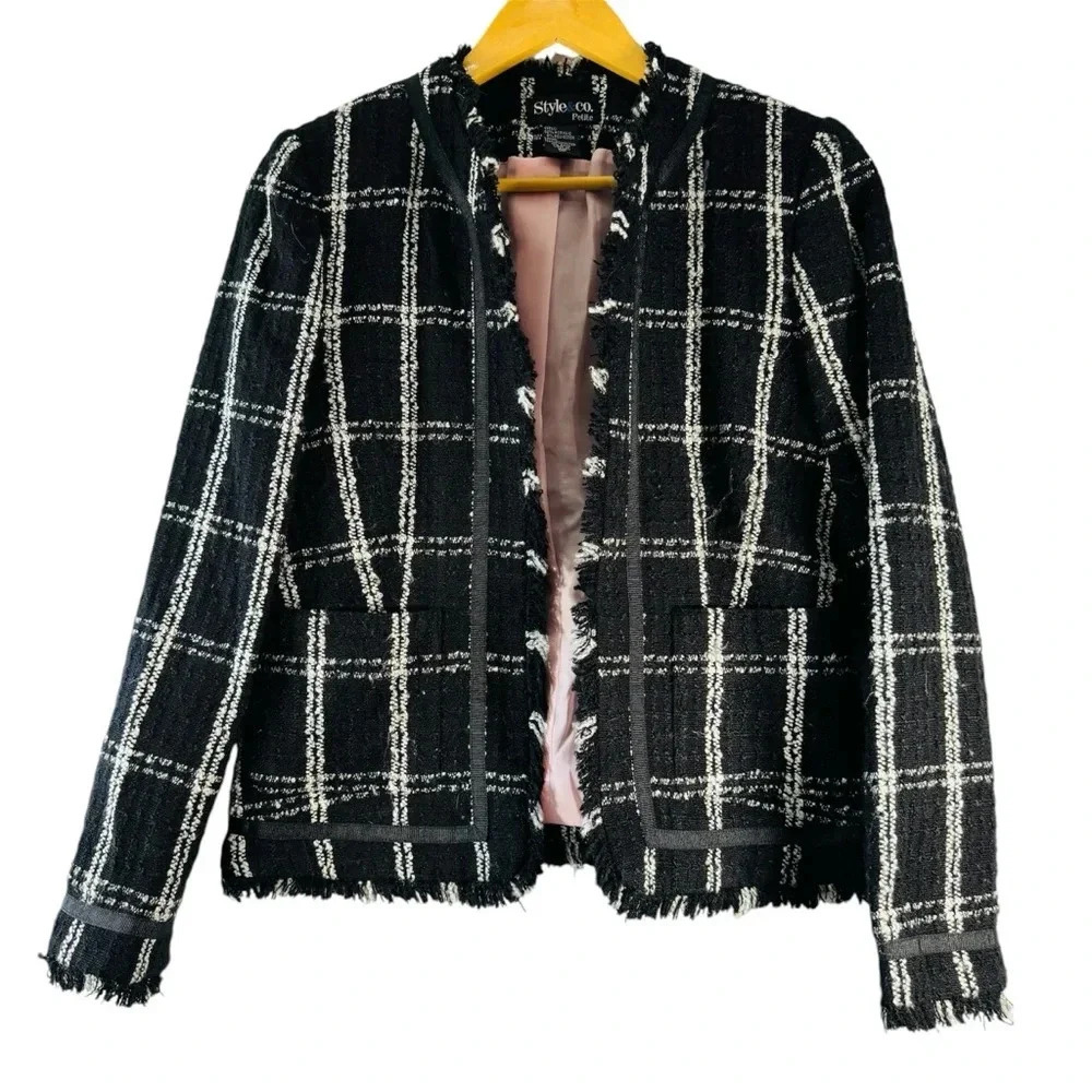 Vintage Style & Co White Black‎ Plaid Tweed Fringe Hem Preppy Cropped Blazer